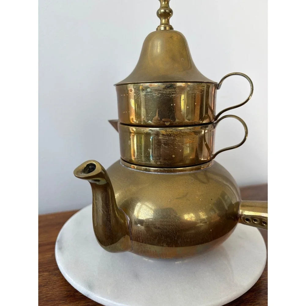 Vintage Brass Stacking Tea Set 3 Tier Teapot Creamer Sugar Wood Handle 8 Inch